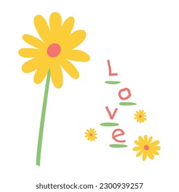 Cute hand-drawn naive style yellow daisy flower with the word love written vertically. Minimalist doodle illustration perfect for greeting cards, posters, or kids apparel designs.