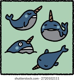 Cute hand-drawn narwhal illustration set featuring chubby arctic whales with long tusks in playful swimming poses. Thick outlines and cartoon style make it ideal for kids design, polar wildlife education, marine life illustrations, and sticker graphics.