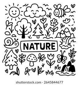 Cute hand-drawn nature doodle icons in black line style. Includes sun, cloud, bee, butterfly, snail, mushroom, trees, waterfall, flowers, and mountains. Perfect for kids’ learning materials, eco-frien