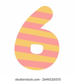 Cute hand-drawn number six with horizontal pastel stripes in pink, yellow, and orange. Ideal for birthday themes, kindergarten materials, or kids' creative illustrations.