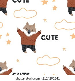 Cute hand-drawn nursery seamless pattern with kind wolf character in cartoon style. Vector illustration. Design for textiles, baby clothes, bed linen, gift wrapping.