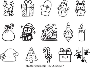 Cute hand-drawn Outline Christmas icon collection, vector icon set, adorable icons.