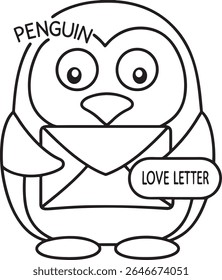 A cute, hand-drawn outline of a penguin holding a letter labeled "LOVE LETTER." This charming illustration is perfect for conveying affection and is isolated on a white background.