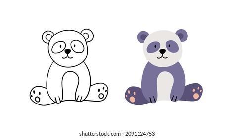 Un animal de panda dibujado a mano. Oso de Ilustración plana vectorial. Contorno y versión de color.