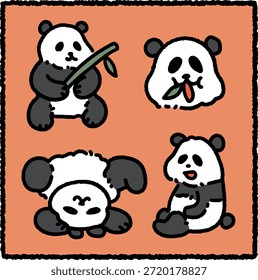 Lindo conjunto de pegatinas de panda dibujado a mano con cuatro pandas adorables comiendo bambú, sonriendo, acostado y sentado con calma, sobre un fondo naranja.