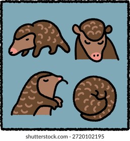 Lindo conjunto de ilustración de pangolín dibujado a mano con cuatro poses simples en un estilo de dibujos animados de contorno grueso. Los pangolines son mamíferos escamosos nativos de Asia y África, bien conocidos por sus escamas únicas similares a armaduras y su importancia para la conservación. Ideal para la educación de la vida silvestre, la biodiversidad y los diseños temáticos de la naturaleza.