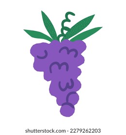 Cute hand-drawn, paper-cut grape icon. Fresh organic grape with leaves in retro style. Local, farmer's market food production. Vector childish illustration on isolated background.