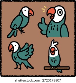 Lindo conjunto de pegatinas de loros dibujados a mano con cuatro loros verdes en diferentes poses como pararse, volar, saludar y posarse en una rama, sobre un fondo marrón.