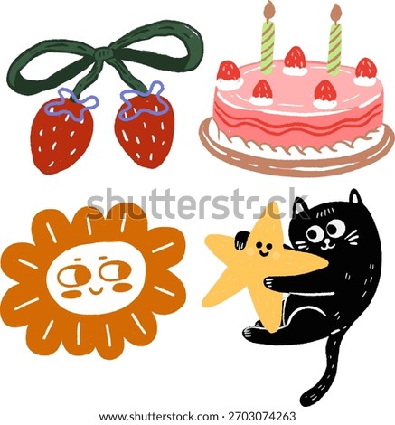 Cute Hand-Drawn Party and Sweet Doodle Set with Cake, Strawberries, Flower Face, and Cat Hugging Star