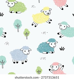 Cute Hand-Drawn Pastel Sheep and Trees Seamless Pattern