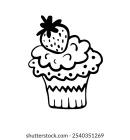 Um item bonito de massa desenhado à mão em preto e branco, um cupcake bonito com um morango em cima, um item de livro de coloração, um rabiscar de bolo