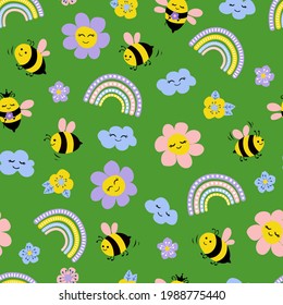 Cute hand-drawn pattern with bees, rainbow, clouds and flowers. Cartoon style. Design for fabric, textile, wallpaper, packaging.