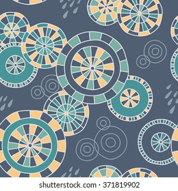 Cute hand-drawn pattern with Japanese umbrellas and raindrops. Vector background.