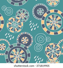 Cute hand-drawn pattern with Japanese umbrellas and raindrops. Vector background.