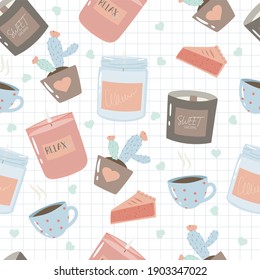 Cute hand-drawn pattern in Scandinavian style. Cozy hygge candles, cactus, cup of hot beverage and apple pie.