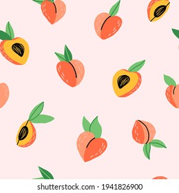 Cute hand-drawn peach fruit seamless pattern on pink background. Soft colors cartoon illustration for textile, fabric, wallpaper, wrapping paper and other print and design.