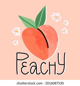 Cute Hand-drawn Peach Fruit Surrounded Peach Tree Bloomy Flowers And Funny Lettering Peachy. Cartoon Vector Illustration On Pink Background. Card, Banner, Print Design.