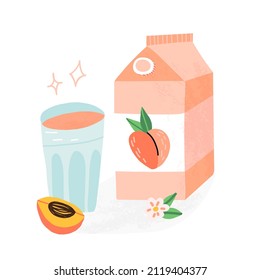 Cute hand-drawn Peach juice in a carton box pack in a glass, a slice and a of peach fruit and a flower of a peach tree nearby. Lemonade, refresh beverage in a carton box pack.