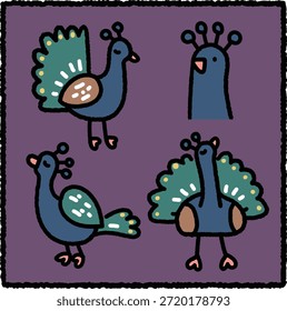Lindo conjunto de pegatinas de pavo real dibujado a mano con cuatro pavos reales en diferentes poses con colas elegantes y expresiones lúdicas sobre un fondo púrpura. Perfecto para el diseño de niños e ilustraciones de animales.