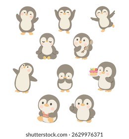 Bonito conjunto de desenhos animados pinguim desenhado à mão coleção
