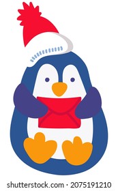 Cute hand-drawn penguin with a red envelope. White background, isolate. Vector illustration.