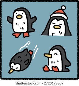 Lindo conjunto de pegatinas de pingüinos dibujados a mano con cuatro pingüinos en poses lúdicas, que incluyen pararse, deslizarse, sentarse y usar un sombrero de invierno, sobre un fondo azul claro. Perfecto para los niños y los diseños de invierno.