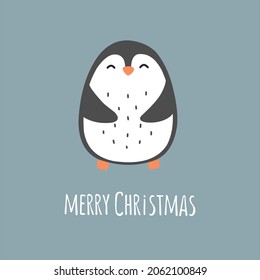 Cute hand-drawn penguin with the words Merry Christmas. Vector children's illustration, greeting cards, print for baby clothes, posters.
