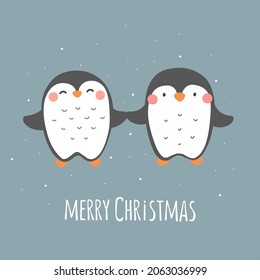 Cute hand-drawn penguins with the words Merry Christmas. Vector children's illustration, greeting cards, print for baby clothes, posters.