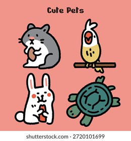 Bonito conjunto de ilustração de animais de estimação desenhados à mão com um hamster, papagaio, coelho e tartaruga. Formas simples, contornos grossos e cores suaves tornam este trabalho artístico perfeito para adesivos, ilustrações infantis, temas de animais de estimação e designs de personagens amigáveis.