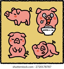 Lindo conjunto de pegatinas de cerdo dibujado a mano con cuatro cerdos adorables de pie, comiendo de un tazón, sentado con calma y acostado, sobre un fondo amarillo.