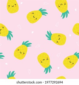 Cute hand-drawn pineapple and white hearts on a pink background, children's seamless pattern, perfect for printing on fabric, paper or interior decor