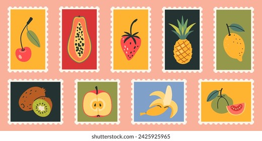 Cute hand-drawn post stamps with exotic tropical fruits like papaya, cherry, banana, kiwi and pineapple. Funny bright stickers set. Trendy modern vector illustartions in Cartoon style, flat design