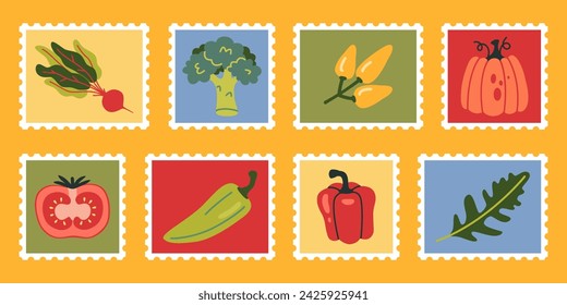 Cute hand-drawn post stamps with vegetables like beets, broccoli, peppers, pumpkin, tomato and arugula. Funny bright stickers set. Trendy modern vector illustartions in Cartoon style, flat design