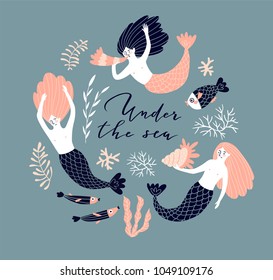 Cute hand-drawn poster design with swimming mermaids, fish and shell. Underwater background with lettering - 'Under water'. Vector illustration in hand drawn style.