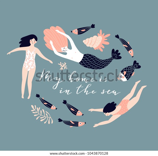 水泳の女の子 人魚 貝殻を使ったかわいい手描きのポスターデザイン 水中の背景に文字 私の家は海の中です 手描きのベクターイラスト のベクター画像素材 ロイヤリティフリー