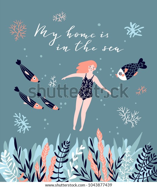 水泳娘 魚 サンゴを使ったかわいい手描きのポスターデザイン 水中の背景に文字 私の家は海の中です 手描きのベクターイラスト のベクター画像素材 ロイヤリティフリー
