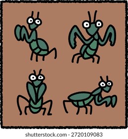 Nette handgezeichnete Gottesanbeterin Illustrationssatz mit vier einfachen Posen in einem dicken Umriss Cartoon-Stil. Die Gottesanbeter sind Raubtiere, die für ihre gefalteten Vorderbeine und ihr Verhalten bei der Hinterhalsjagd bekannt sind. Ideal für Naturerziehung, Biologie, Entomologie und Designs zum Thema Natur.