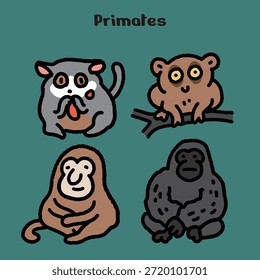 Lindo conjunto de ilustración de primates dibujados a mano con loris lentos, tarsero, orangután y gorila de las tierras bajas occidentales. Los contornos gruesos, los colores planos y las Formas redondeadas hacen que esta obra de arte sea perfecta para uso educativo, contenido infantil, clasificación de animales e ilustraciones de estilo de pegatinas.