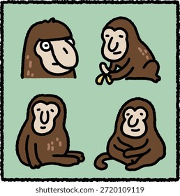 Linda ilustración de mono probóscide dibujado a mano con monos de dibujos animados tranquilos y amigables con narices largas distintivas. Esta suave obra de arte de vida silvestre es ideal para el diseño de niños, temas educativos e ilustraciones de naturaleza tropical.