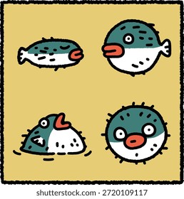 Linda ilustración de pez globo dibujado a mano con peces de dibujos animados redondos y amigables en poses juguetonas. Esta adorable obra de arte de animales del océano es ideal para el diseño de los niños, la educación marina y las ilustraciones alegres de la vida marina.