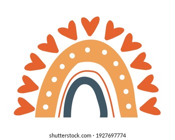 Cute hand-drawn rainbow in boho style on a white background. Vector Illustration for baby textile, logo, poster, fabric, print, textile, wrapper, kids room, wall decor