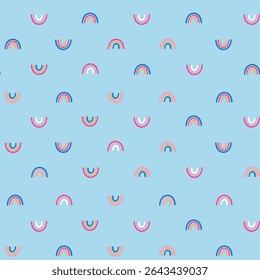 Cute Hand-Drawn Rainbow Seamless Pattern, Simple Scandinavian Style Vector Background for Kids and Nursery Decor