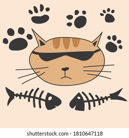 Cute hand-drawn red and orange cat with footmarks and fish sceletons for card and postcard