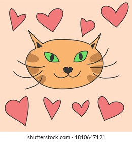 Cute hand-drawn red and orange cat with heart for card and postcard