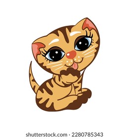 A cute hand-drawn red tabby kitten licking its paw, a ginger cat cleaning itself, a striped kitten color icon, a sweet little cat with big eyes illustration