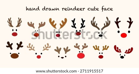 Cute Hand-Drawn Reindeer Faces. Christmas Antler Clipart Set