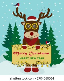 Cute hand-drawn reindeer with speech bubble and handwritten text Merry Christmas and Happy New Year on a snowy background. Christmas deer with birds and garland. 
Greeting card in cartoon style. 