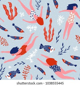 Cute hand-drawn repeat pattern design  with  swimming girls, fish and corals. Underwater seamless background. Vector illustration.