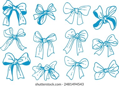 Cute hand-drawn ribbon bow cute doodles retro vector illustration set