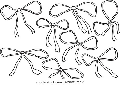 Cute hand-drawn ribbon bows in romantic coquette style. Ideal for digital scrapbooking or fashion prints.